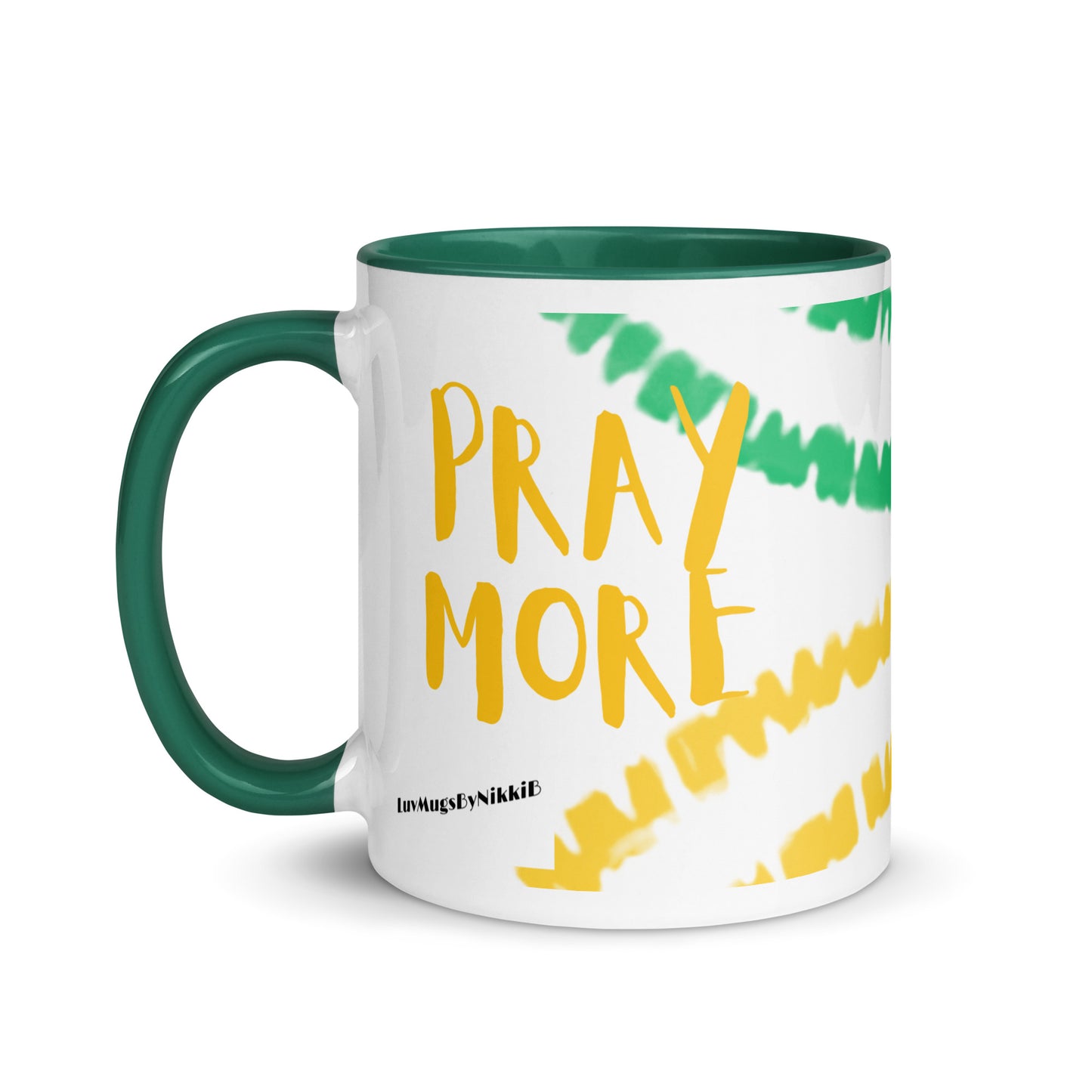 Luv Mugs By Nikki B 11oz White/Green STRESS LESS PRAY MORE Ceramic Mug with Green Color Inside